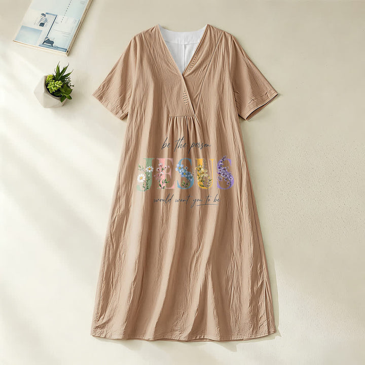 Christianartworkshop Be the Person Jesus Would Want You to Be Floral Jesus V-Neck Short Sleeve Midi Dress - Khaki - 4XL - image 2