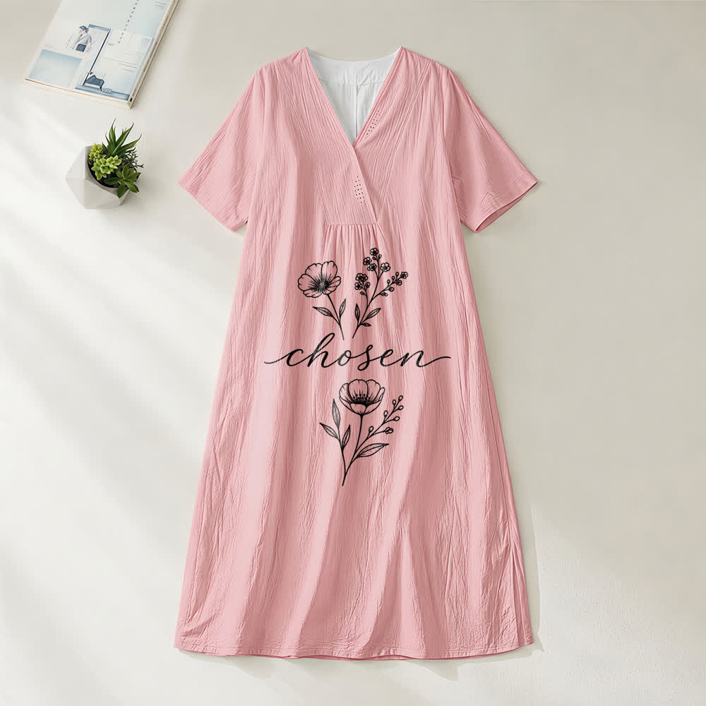Christianartworkshop Inspirational Chosen Floral Accent V-Neck Short Sleeve Midi Dress - Pink - 4XL - image 6