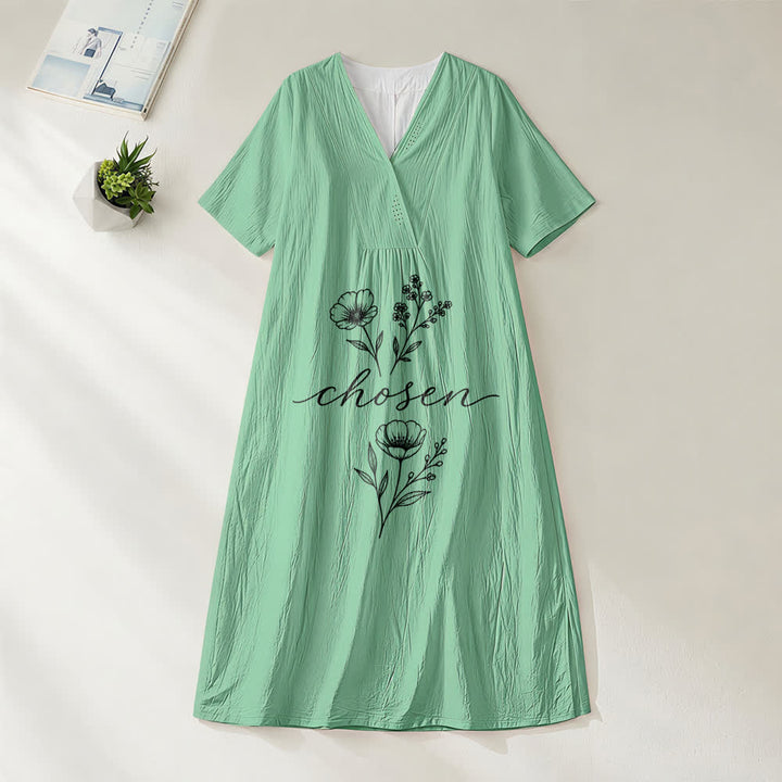 Christianartworkshop Inspirational Chosen Floral Accent V-Neck Short Sleeve Midi Dress - Green - 4XL - image 4