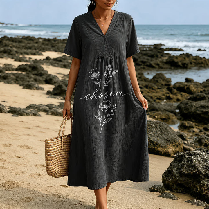 Christianartworkshop Inspirational Chosen Floral Accent V-Neck Short Sleeve Midi Dress - image 9