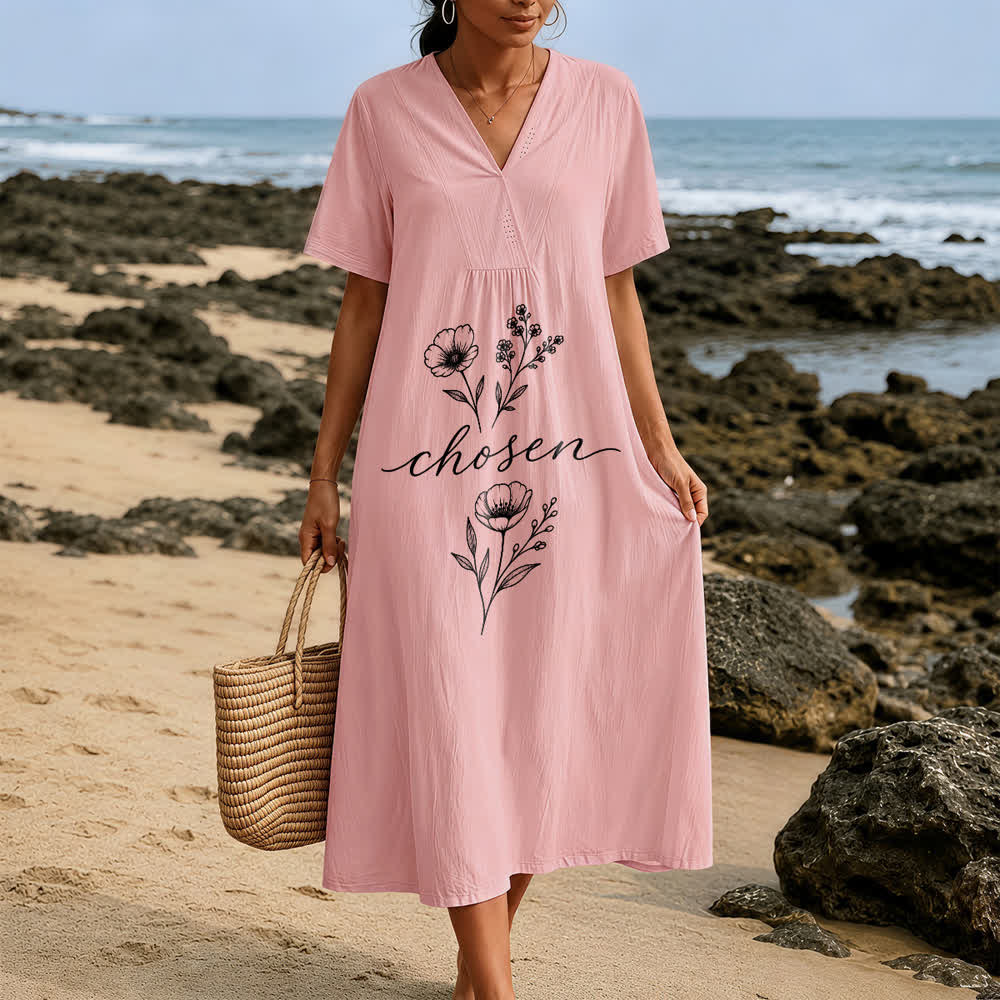 Christianartworkshop Inspirational Chosen Floral Accent V-Neck Short Sleeve Midi Dress - image 7