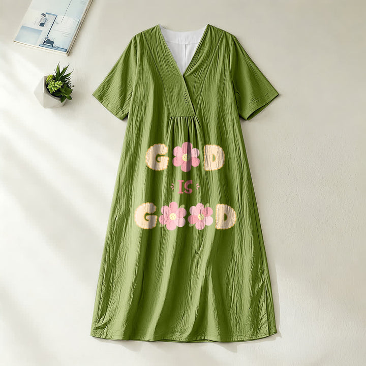 Christianartworkshop Devotional “God Is Good” Floral Statement V-Neck Short Sleeve Midi Dress - Olive Green - 4XL - image 10