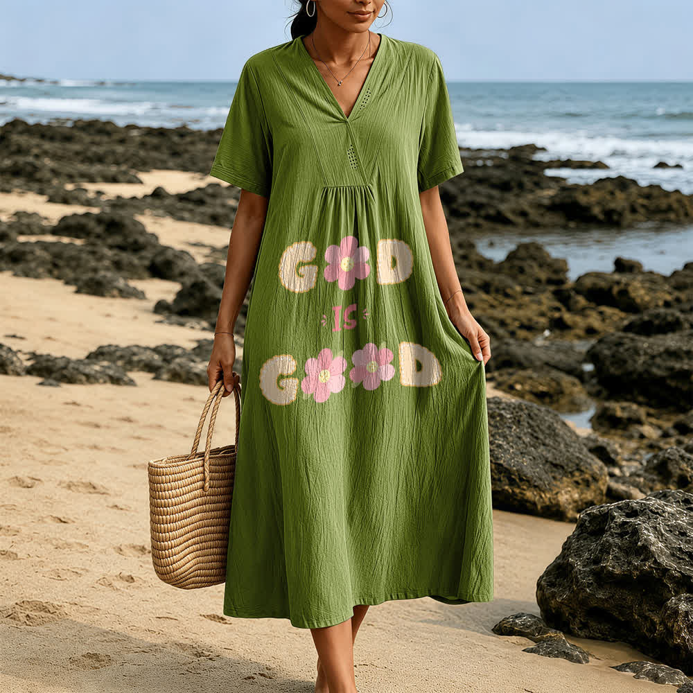 Christianartworkshop Devotional “God Is Good” Floral Statement V-Neck Short Sleeve Midi Dress - image 11