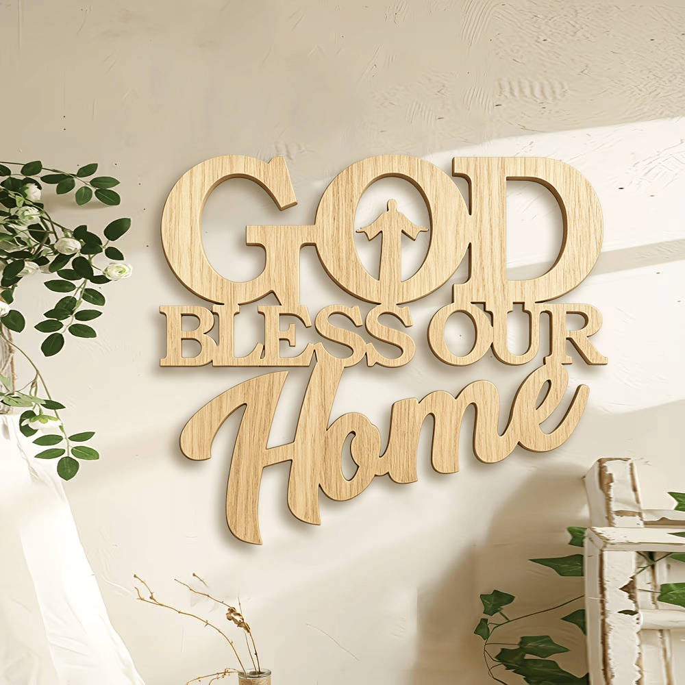 Christianartworkshop Silhouette Inlaid God Bless Our Home Wooden Wall Sign: Emblem of Family Blessing - image 0