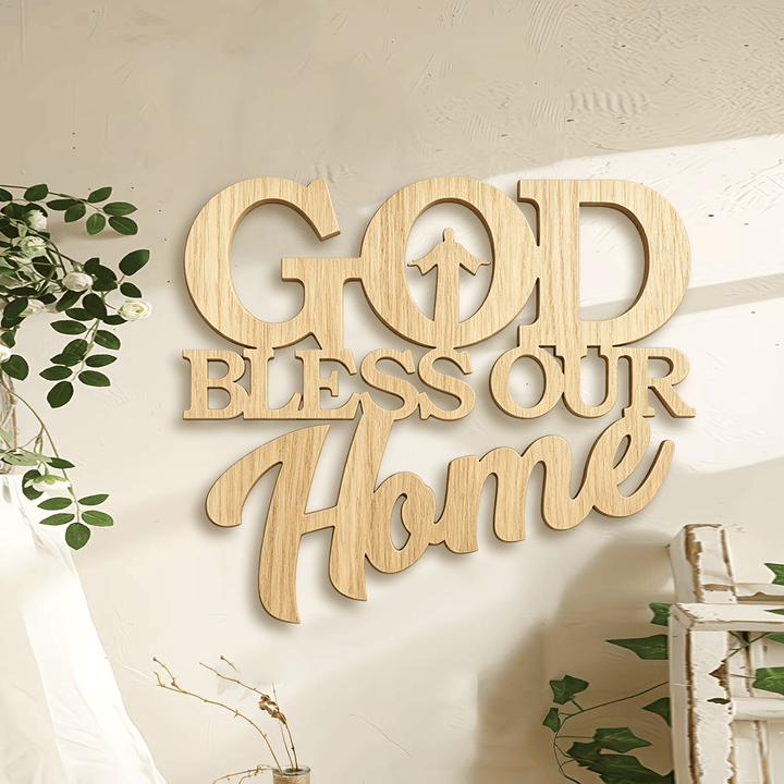 Christianartworkshop Silhouette Inlaid God Bless Our Home Wooden Wall Sign: Emblem of Family Blessing - image 0