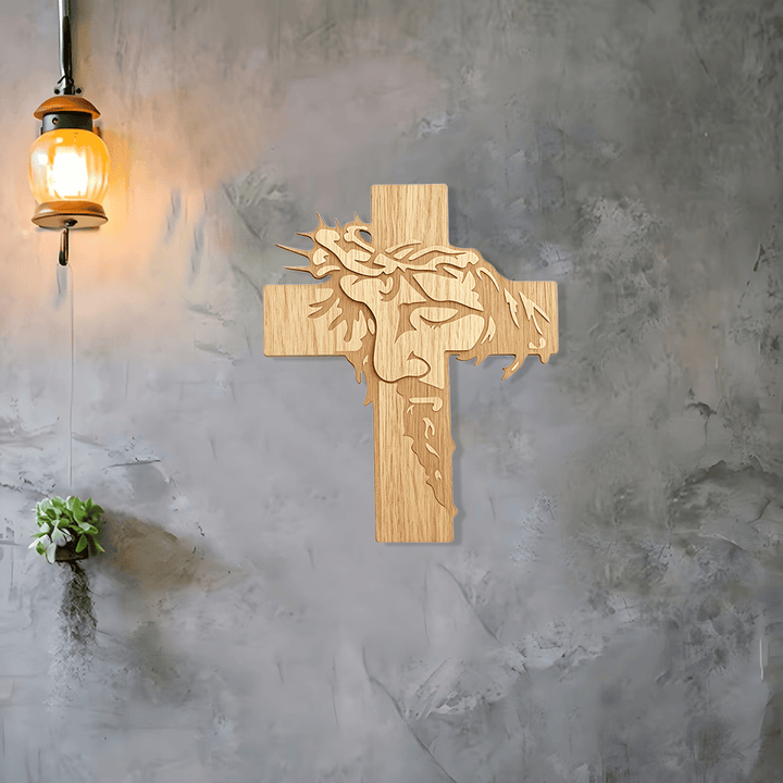 Christianartworkshop Jesus Closed-Eye Meditative Holy Face Thorn Crown Cross Wooden Wall Plaque: Emblem of Mercy - image 2