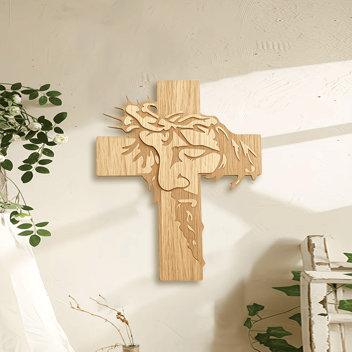 Christianartworkshop Jesus Closed-Eye Meditative Holy Face Thorn Crown Cross Wooden Wall Plaque: Emblem of Mercy - image 1