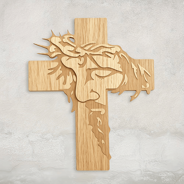 Christianartworkshop Jesus Closed-Eye Meditative Holy Face Thorn Crown Cross Wooden Wall Plaque: Emblem of Mercy - image 0