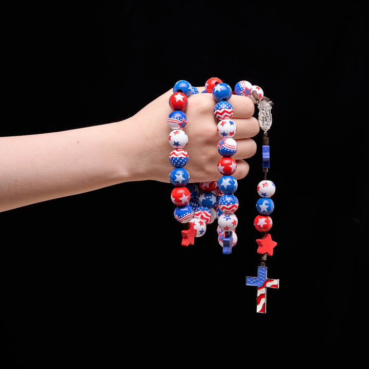 Christianartworkshop Patriotic American Flag Cross Rosary with Red White Blue Stars & Stripes Beads - image 1
