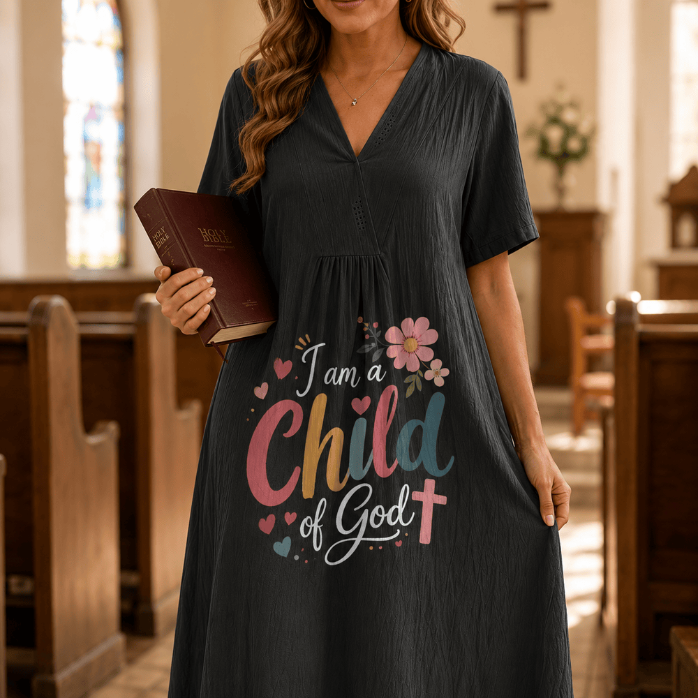 Christianartworkshop I Am a Child of God Floral & Heart V-Neck Short Sleeve Midi Dress - image 0