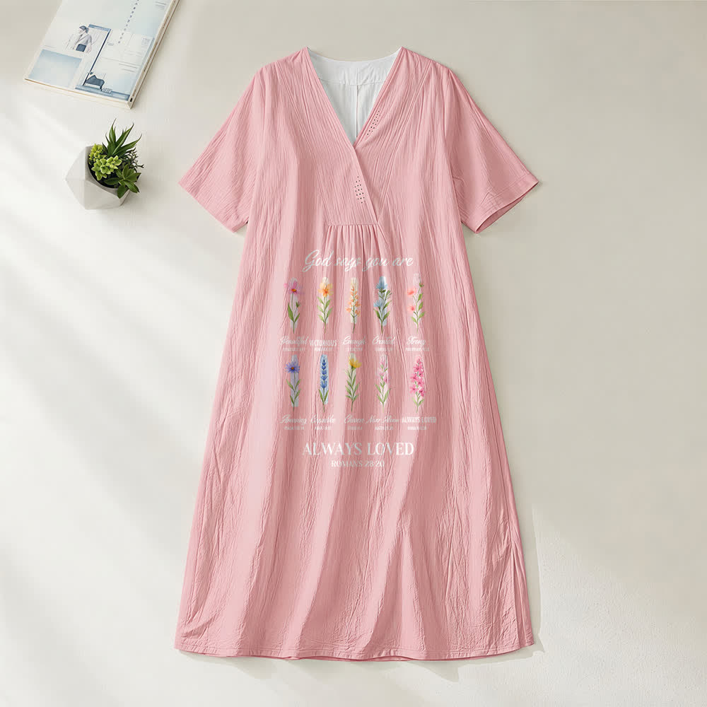 Christianartworkshop God Says You Are Always Loved Floral V-Neck Short Sleeve Midi Dress - Pink - 4XL - image 6