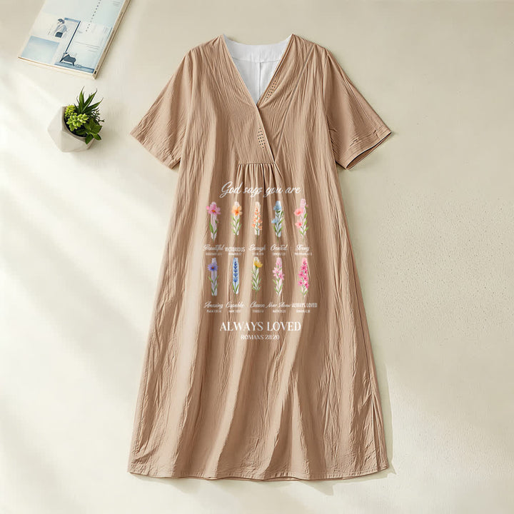 Christianartworkshop God Says You Are Always Loved Floral V-Neck Short Sleeve Midi Dress - Khaki - 4XL - image 4