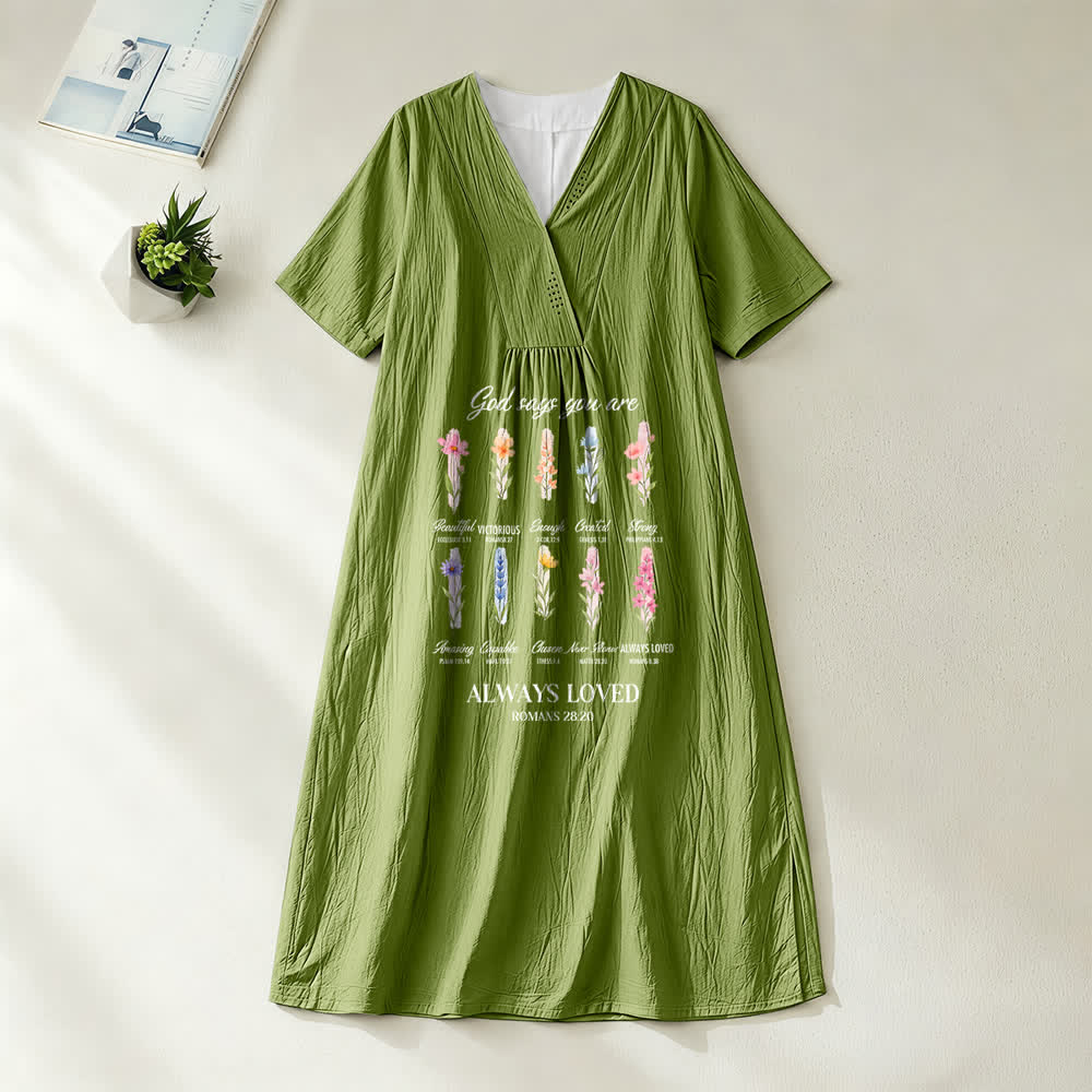 Christianartworkshop God Says You Are Always Loved Floral V-Neck Short Sleeve Midi Dress - Olive Green - 4XL - image 10