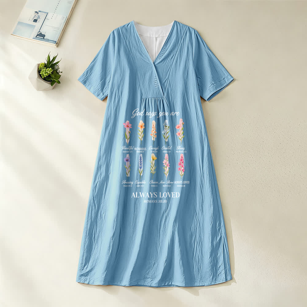 Christianartworkshop God Says You Are Always Loved Floral V-Neck Short Sleeve Midi Dress - Blue - 4XL - image 2