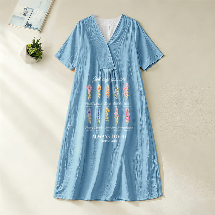 Christianartworkshop God Says You Are Always Loved Floral V-Neck Short Sleeve Midi Dress - Blue - 4XL - image 2
