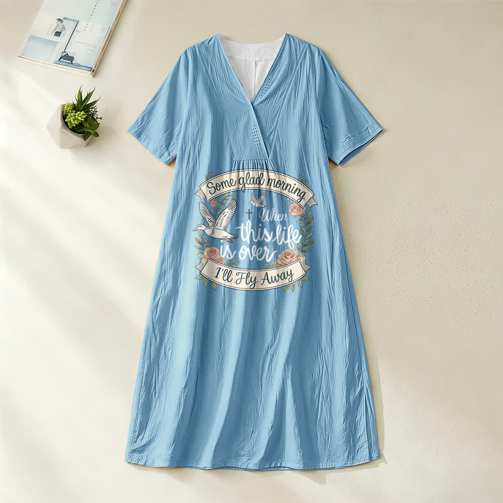 Christianartworkshop Some Glad Morning I'll Fly Away Floral Dove V-Neck Short Sleeve Midi Dress - Blue - 4XL - image 4