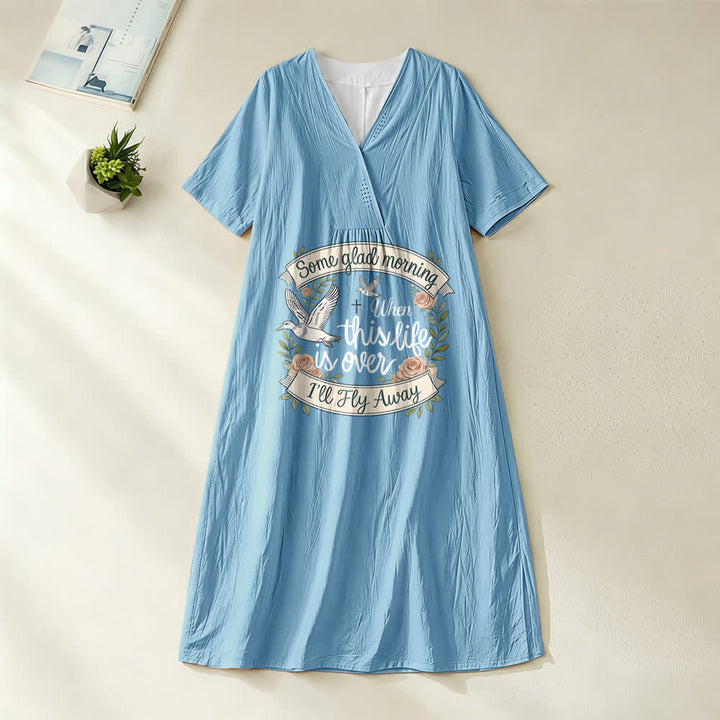 Christianartworkshop Some Glad Morning I'll Fly Away Floral Dove V-Neck Short Sleeve Midi Dress - Blue - 4XL - image 4