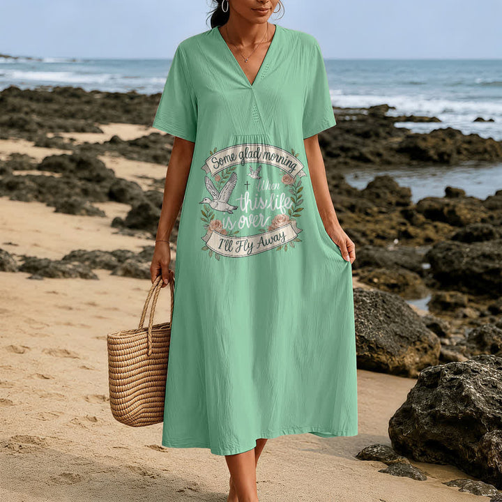 Christianartworkshop Some Glad Morning I'll Fly Away Floral Dove V-Neck Short Sleeve Midi Dress - image 3