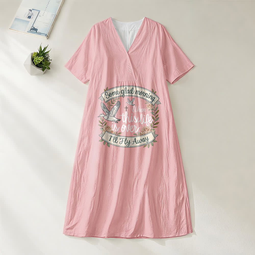 Christianartworkshop Some Glad Morning I'll Fly Away Floral Dove V-Neck Short Sleeve Midi Dress - Pink - 4XL - image 8