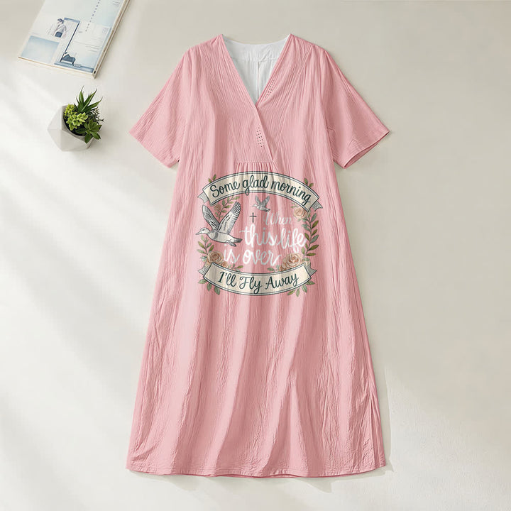 Christianartworkshop Some Glad Morning I'll Fly Away Floral Dove V-Neck Short Sleeve Midi Dress - Pink - 4XL - image 8