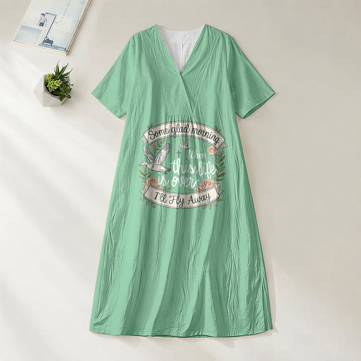 Christianartworkshop Some Glad Morning I'll Fly Away Floral Dove V-Neck Short Sleeve Midi Dress - Green - 4XL - image 2