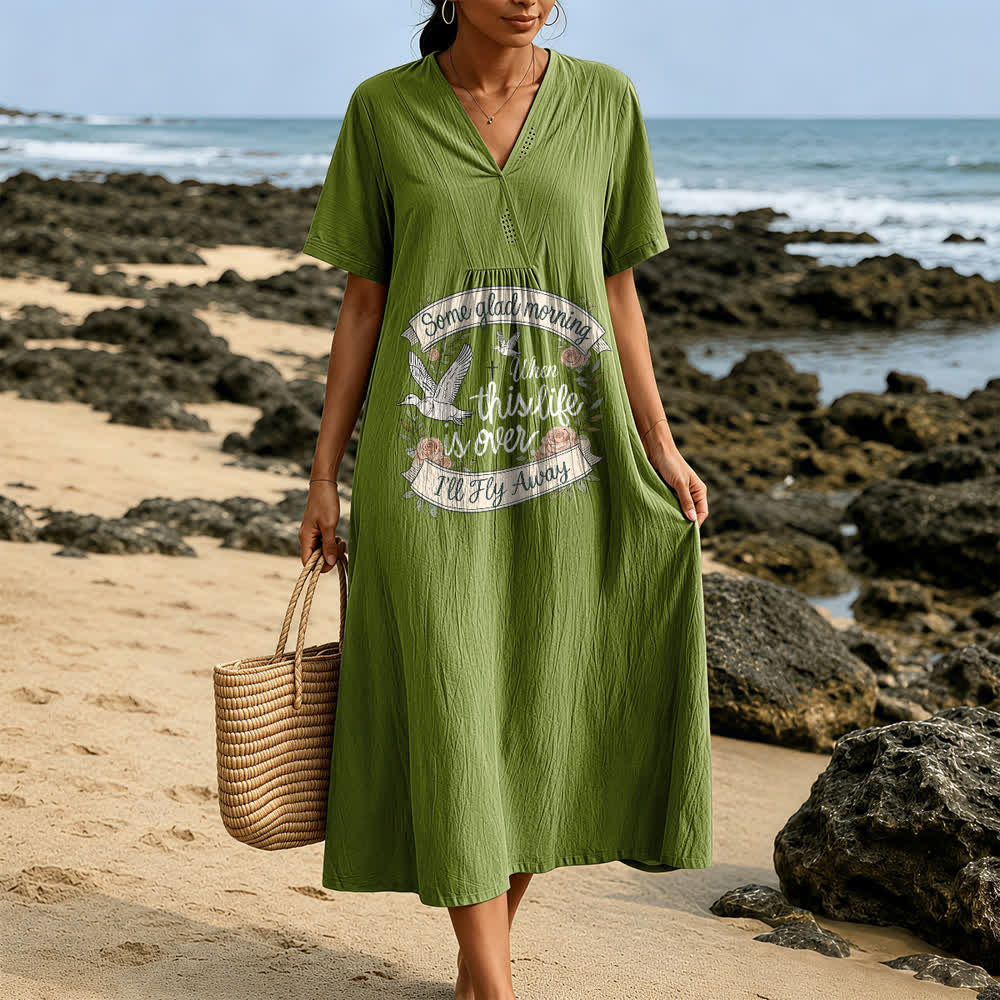 Christianartworkshop Some Glad Morning I'll Fly Away Floral Dove V-Neck Short Sleeve Midi Dress - image 11