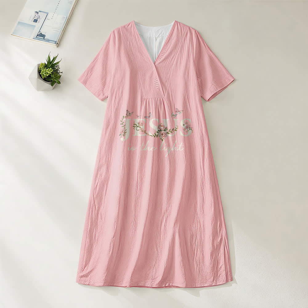 Christianartworkshop Jesus Is The Light Floral Butterfly V-Neck Short Sleeve Midi Dress - Pink - 4XL - image 6