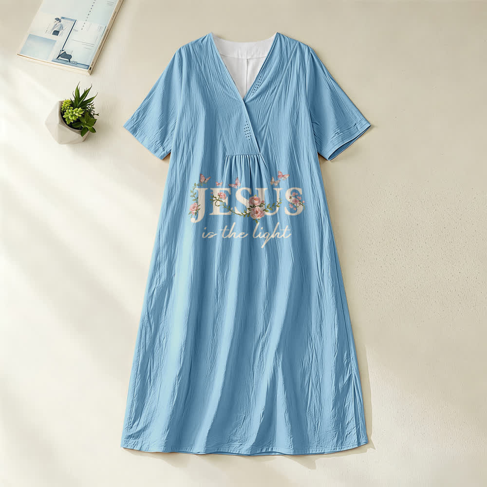 Christianartworkshop Jesus Is The Light Floral Butterfly V-Neck Short Sleeve Midi Dress - Blue - 4XL - image 4