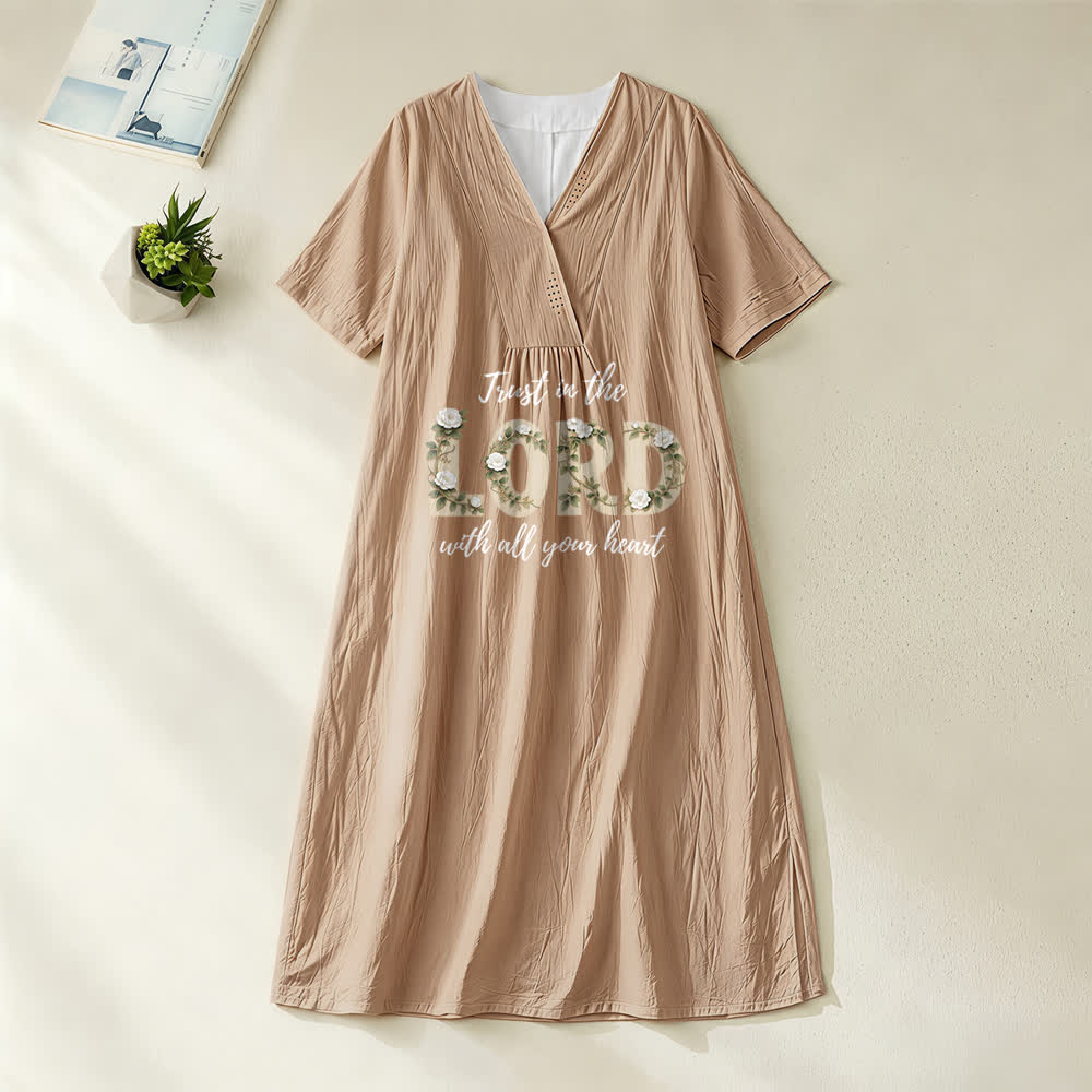 Christianartworkshop Trust In The Lord With All Your Heart Floral V-Neck Short Sleeve Midi Dress - Khaki - 4XL - image 6
