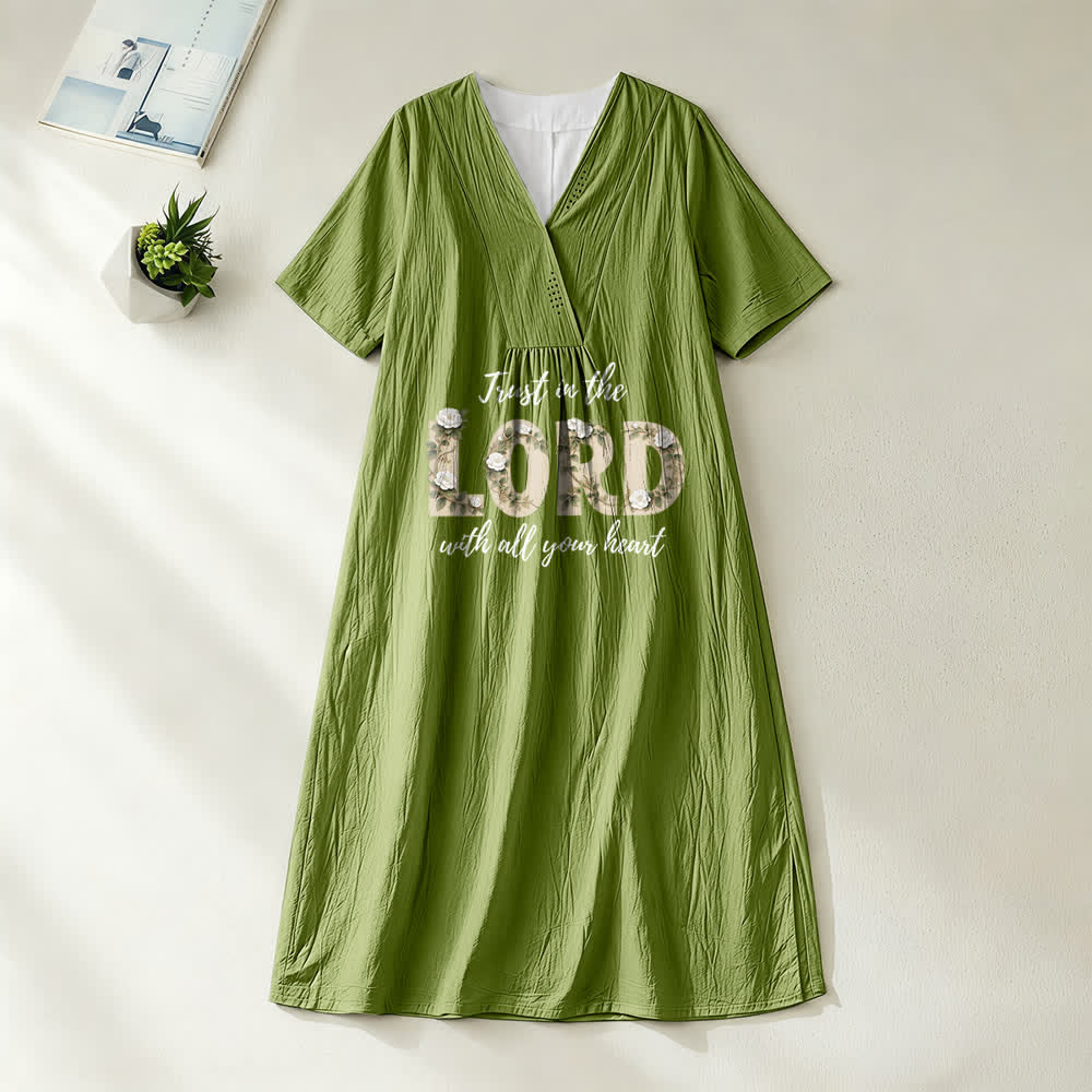 Christianartworkshop Trust In The Lord With All Your Heart Floral V-Neck Short Sleeve Midi Dress - Olive Green - 4XL - image 10