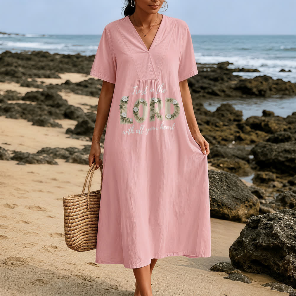Christianartworkshop Trust In The Lord With All Your Heart Floral V-Neck Short Sleeve Midi Dress - image 1