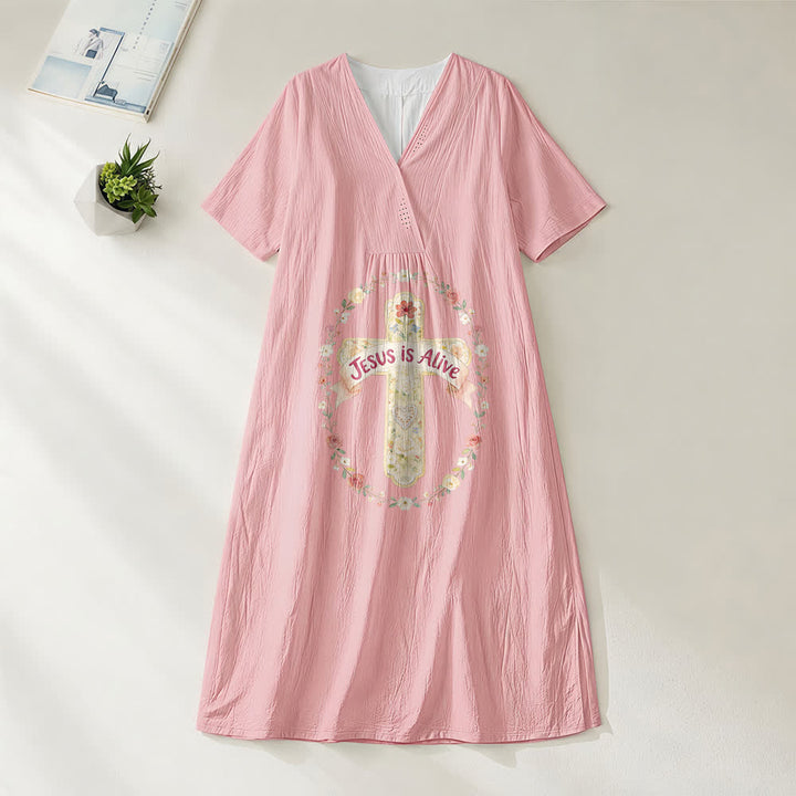 Christianartworkshop Jesus Is Alive Floral Cross V-Neck Short Sleeve Midi Dress - Pink - 4XL - image 6