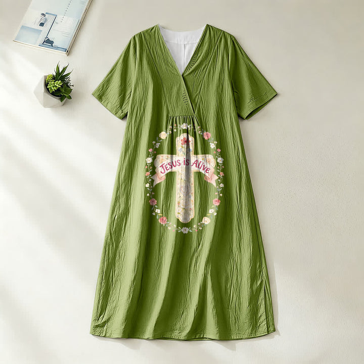 Christianartworkshop Jesus Is Alive Floral Cross V-Neck Short Sleeve Midi Dress - Olive Green - 4XL - image 10