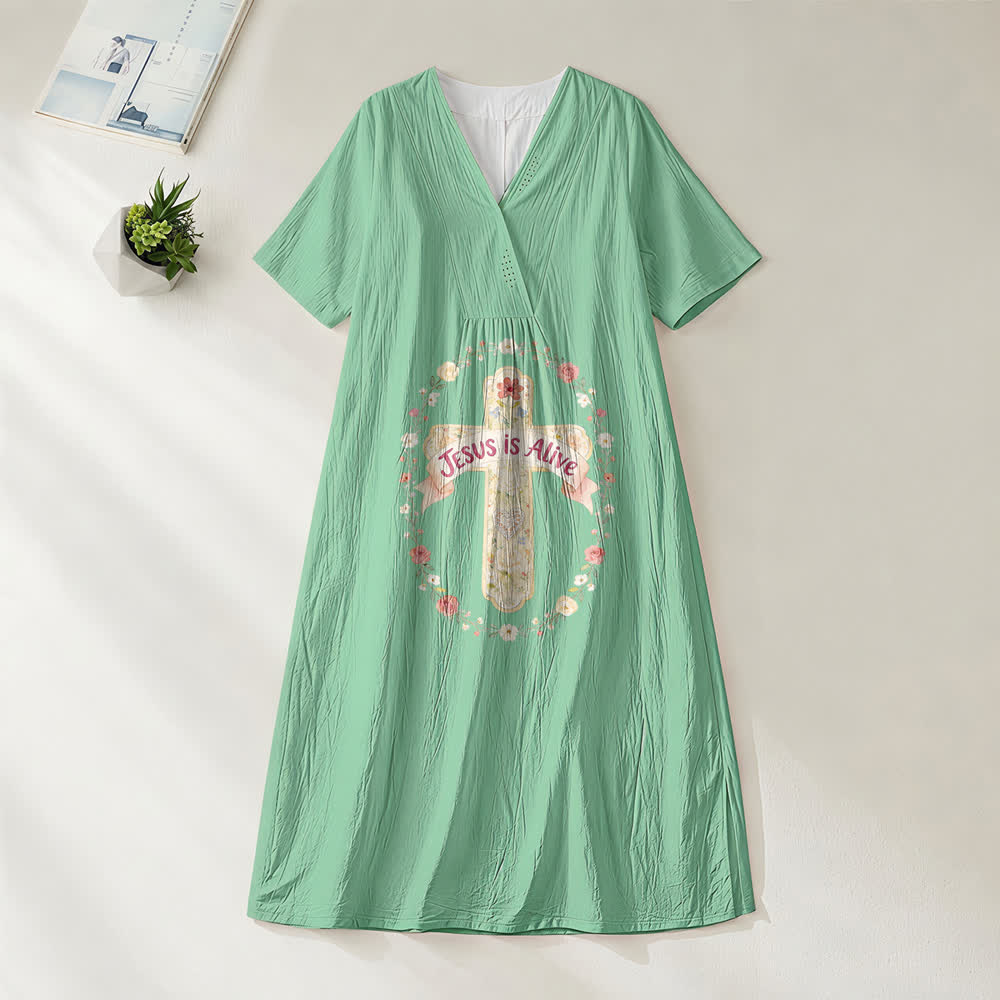 Christianartworkshop Jesus Is Alive Floral Cross V-Neck Short Sleeve Midi Dress - Green - 4XL - image 2