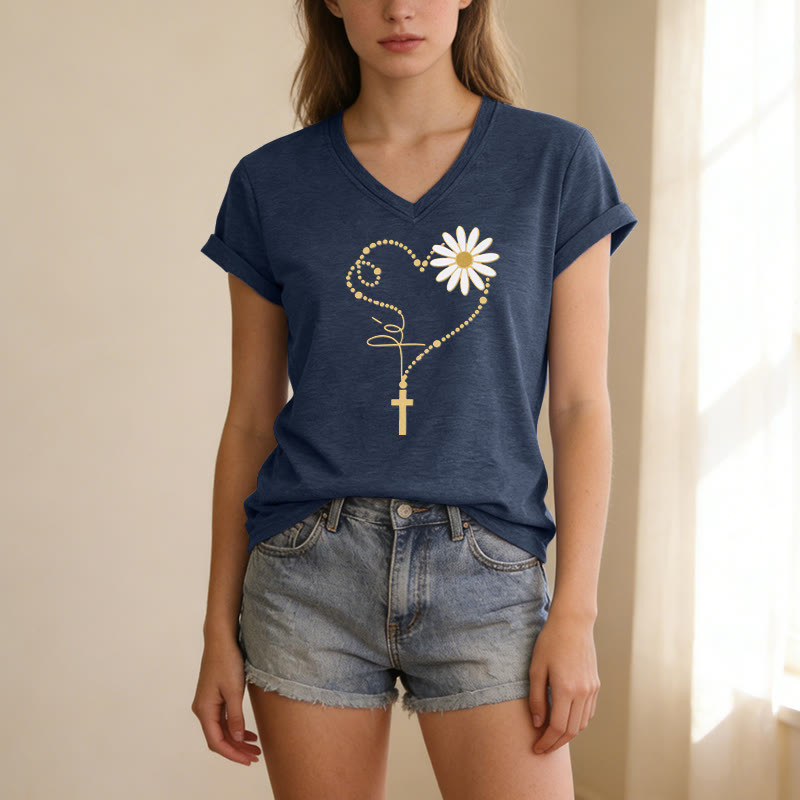 Christianartworkshop Golden Dot Heart Cross Daisy Casual V-neck T-shirt - image 21