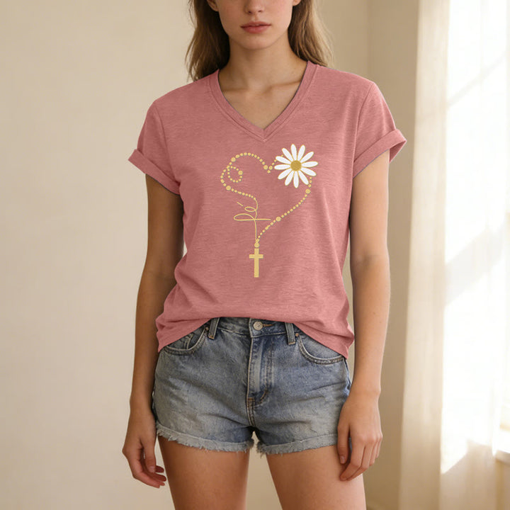Christianartworkshop Golden Dot Heart Cross Daisy Casual V-neck T-shirt - image 15