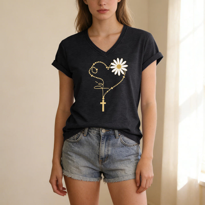 Christianartworkshop Golden Dot Heart Cross Daisy Casual V-neck T-shirt - image 3