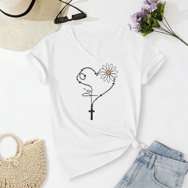 Christianartworkshop Golden Dot Heart Cross Daisy Casual V-neck T-shirt - White - 2XL - image 10
