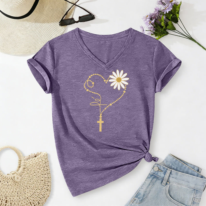 Christianartworkshop Golden Dot Heart Cross Daisy Casual V-neck T-shirt - Purple - 2XL - image 18