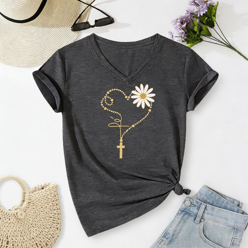 Christianartworkshop Golden Dot Heart Cross Daisy Casual V-neck T-shirt - Dark Grey - 2XL - image 0