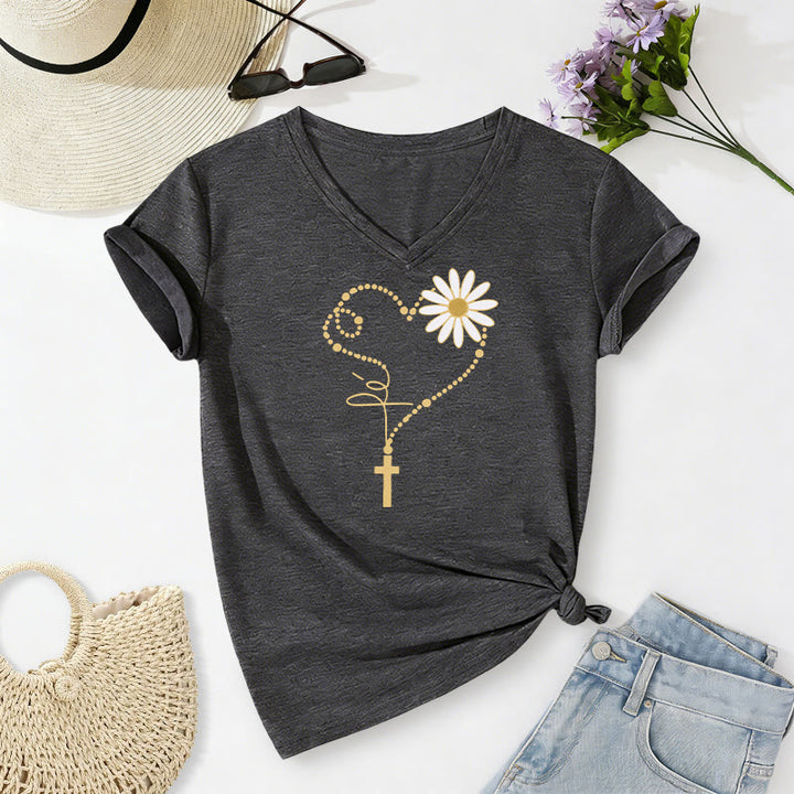 Christianartworkshop Golden Dot Heart Cross Daisy Casual V-neck T-shirt - Dark Grey - 2XL - image 0