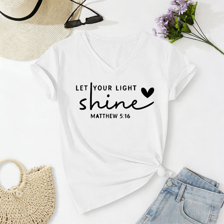 Christianartworkshop Let Your Light Shine Matthew 5:16 Heart Script Casual V-neck T-shirt - White - 2XL - image 12