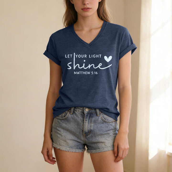 Christianartworkshop Let Your Light Shine Matthew 5:16 Heart Script Casual V-neck T-shirt - image 21