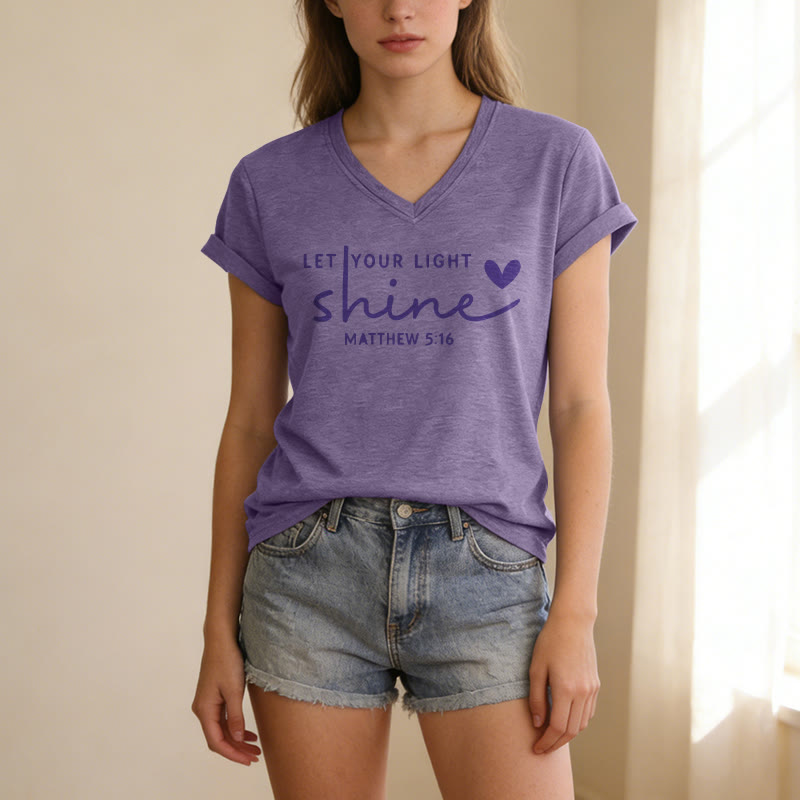 Christianartworkshop Let Your Light Shine Matthew 5:16 Heart Script Casual V-neck T-shirt - image 19