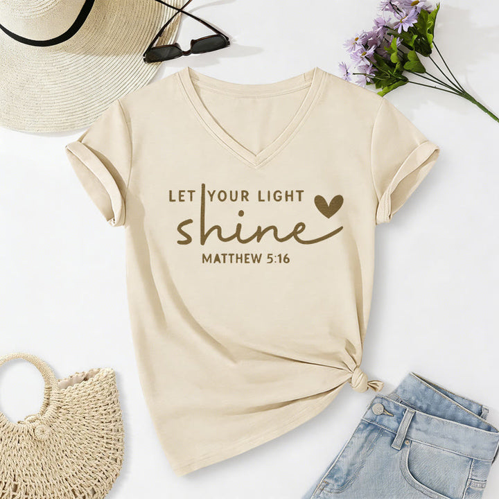 Christianartworkshop Let Your Light Shine Matthew 5:16 Heart Script Casual V-neck T-shirt - Beige - 2XL - image 0