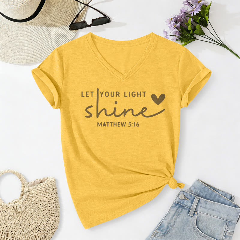 Christianartworkshop Let Your Light Shine Matthew 5:16 Heart Script Casual V-neck T-shirt - Yellow - 2XL - image 8