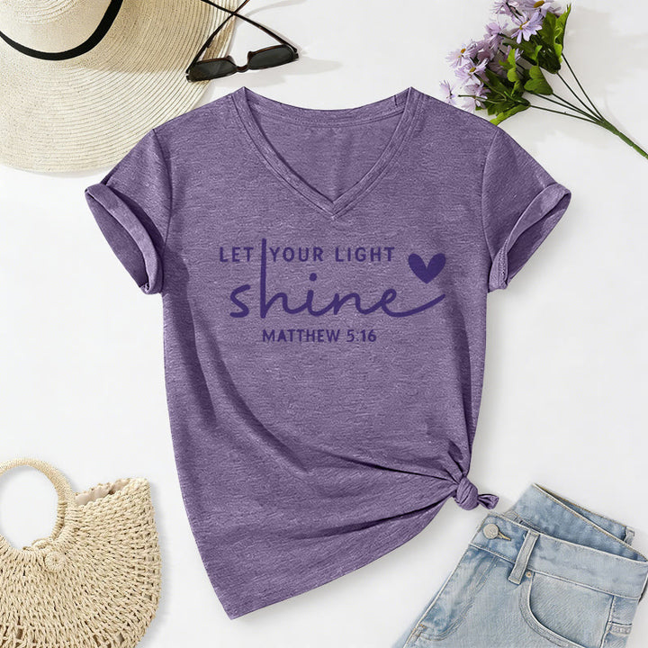 Christianartworkshop Let Your Light Shine Matthew 5:16 Heart Script Casual V-neck T-shirt - Purple - 2XL - image 18