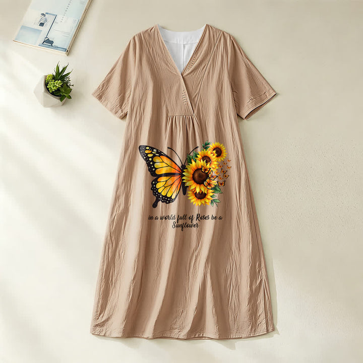 Christianartworkshop Butterfly & Sunflower Inspirational Quote V-Neck Short Sleeve Midi Dress - Khaki - 4XL - image 7