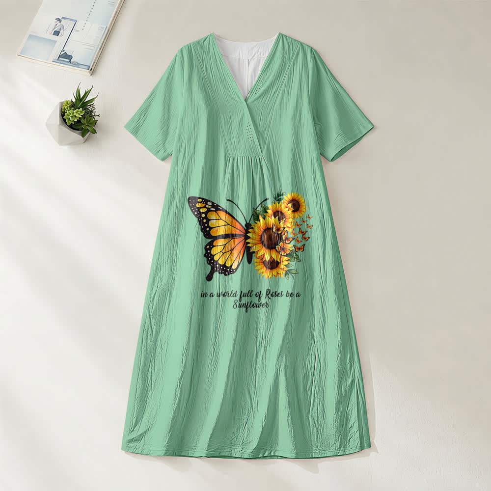 Christianartworkshop Butterfly & Sunflower Inspirational Quote V-Neck Short Sleeve Midi Dress - Green - 4XL - image 4