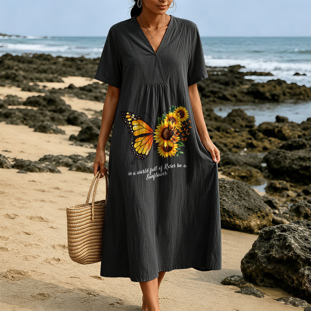 Christianartworkshop Butterfly & Sunflower Inspirational Quote V-Neck Short Sleeve Midi Dress - image 1